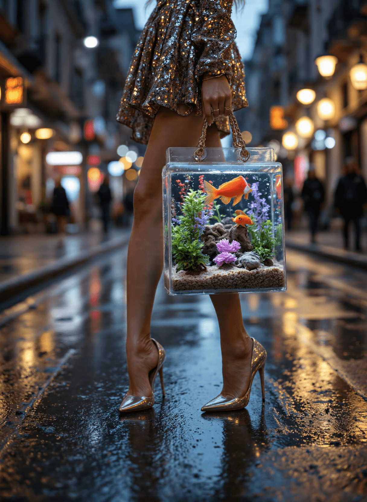 AI generated: The image depicts a woman walking on a wet urban street at dusk or nighttime. The focus is on the lo...