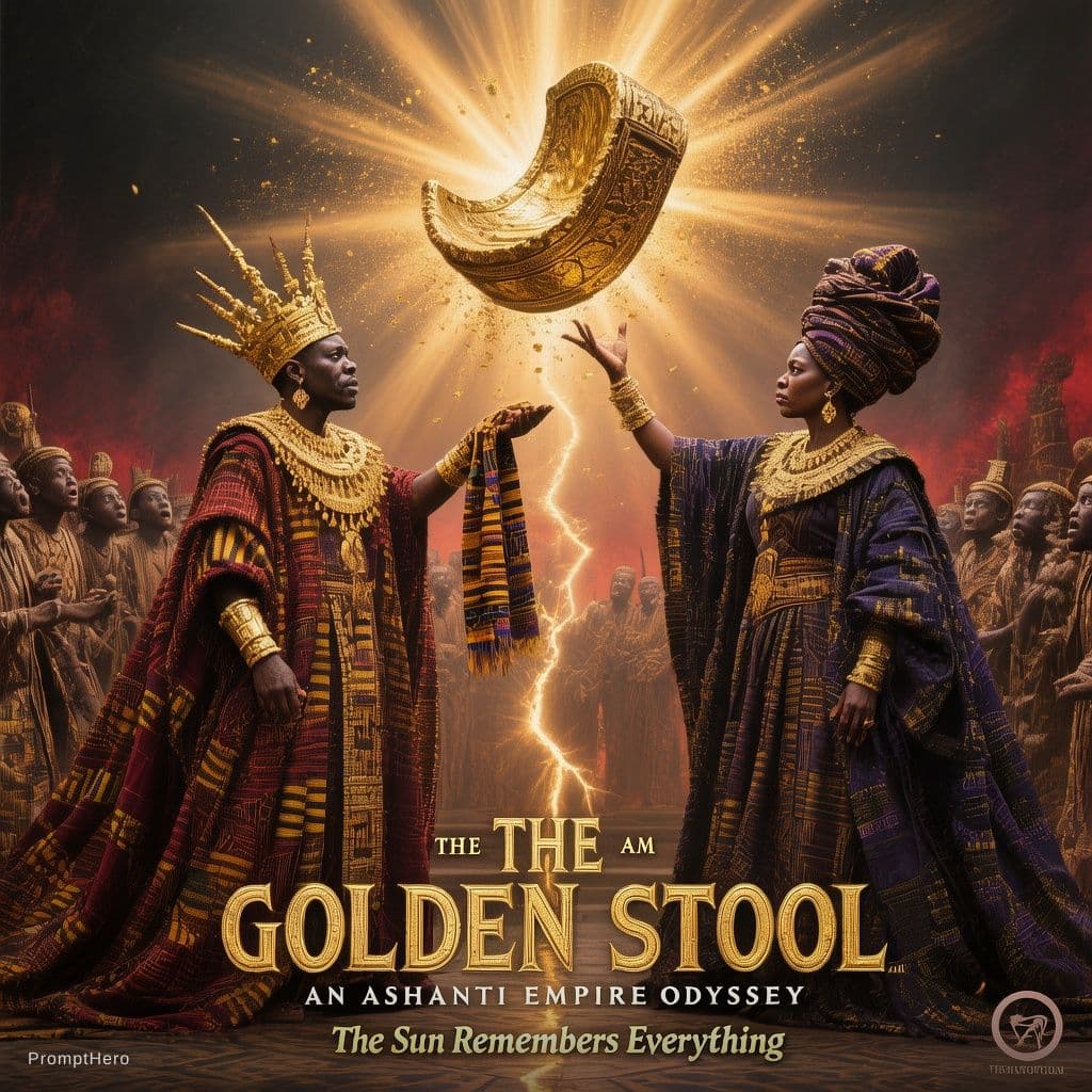 AI generated: Cinematic movie poster for "The Golden Stool: An Ashanti Empire Odyssey," Episode 9 — "What Fire Lea...
