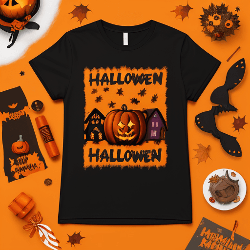 AI generated: Combine Halloween, fall, autumn and Christmas materials to create a design to print on a t-shirt.