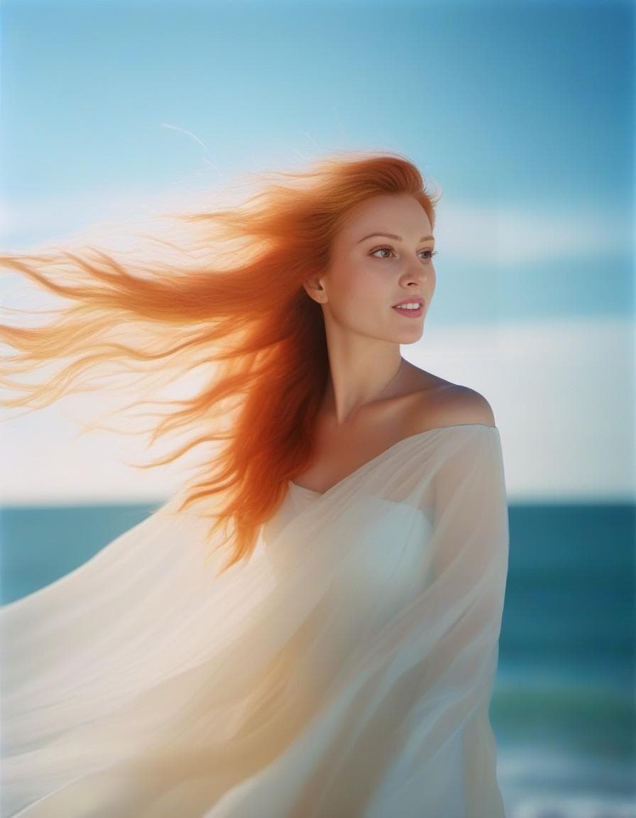 AI generated: a woman with red hair blowing a white veil over the ocean, in the style of fujifilm fujicolor c200, ...