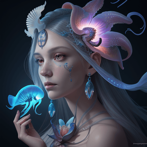 AI generated: Goddess close-up portrait ribcagel. jellyfish phoenix head, nautilus, orchid, skull, betta fish, bio...
