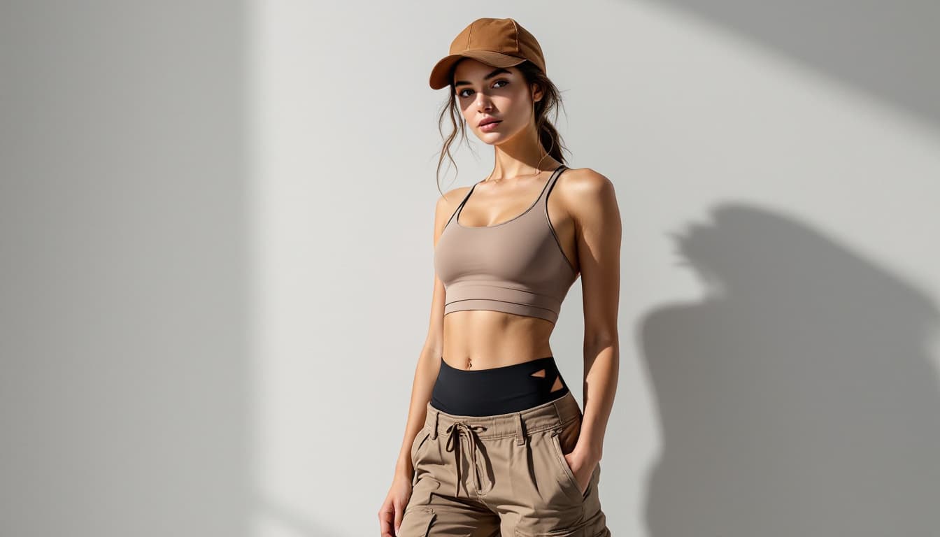 AI generated: A stylish athletic fashion photograph: A person photographed from mid-thigh up, wearing a brown base...