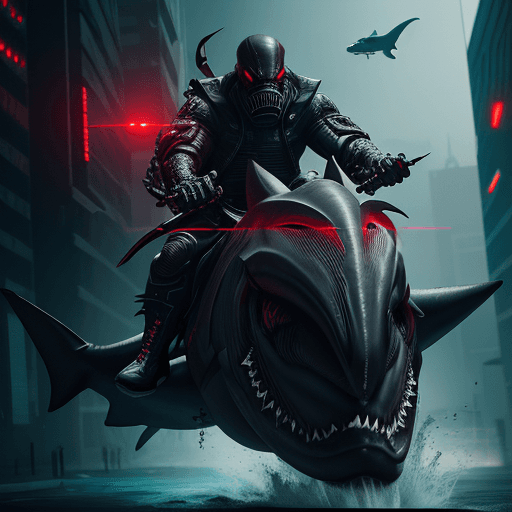 AI generated: angry black male riding a shark, red eyes, mask, cyberpunk, intricate artwork . octane render, trend...