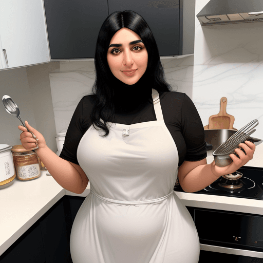 AI generated: "A 30-year-old arab woman with black hair, standing confidently in a modern kitchen. She is wearing ...