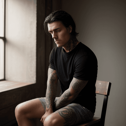 AI generated: photography, man seated on a wooden chair, black t-shirt that fits snugly over his torso, highlighti...