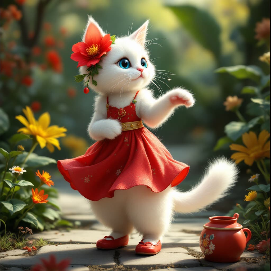 AI generated: A cat with white color  blue eyes  red flower on left ear red dress with red shoes. Stand on  two ba...