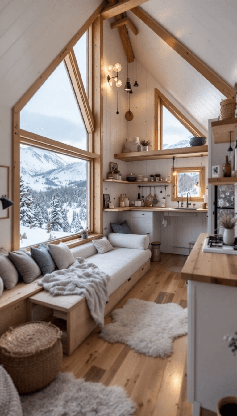 AI generated: photo of a tiny house with 2 floors, cozy white and wood interior, small space, minimalistic decor, ...
