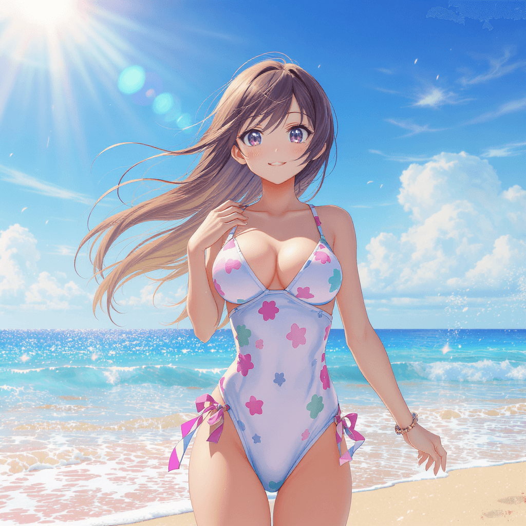 AI generated: anime style girl on the beach, wearing swimsuit, sunny summer sky, soft ocean waves, colorful backgr...