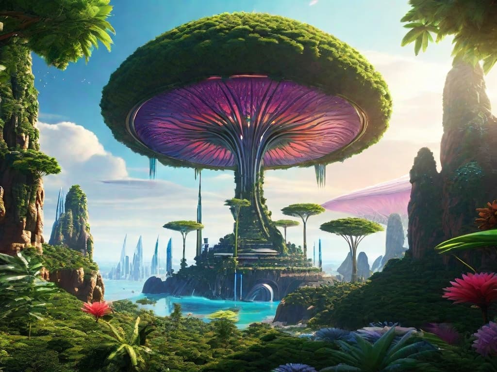AI generated: Explore a vibrant alien world, filled with lush vegetation and strange creatures. From towering tree...