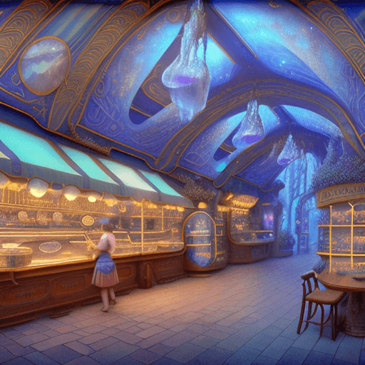 AI generated: perspective, curious old secret town fantastic intirior ice cream shop and laberint hunter d, cascad...
