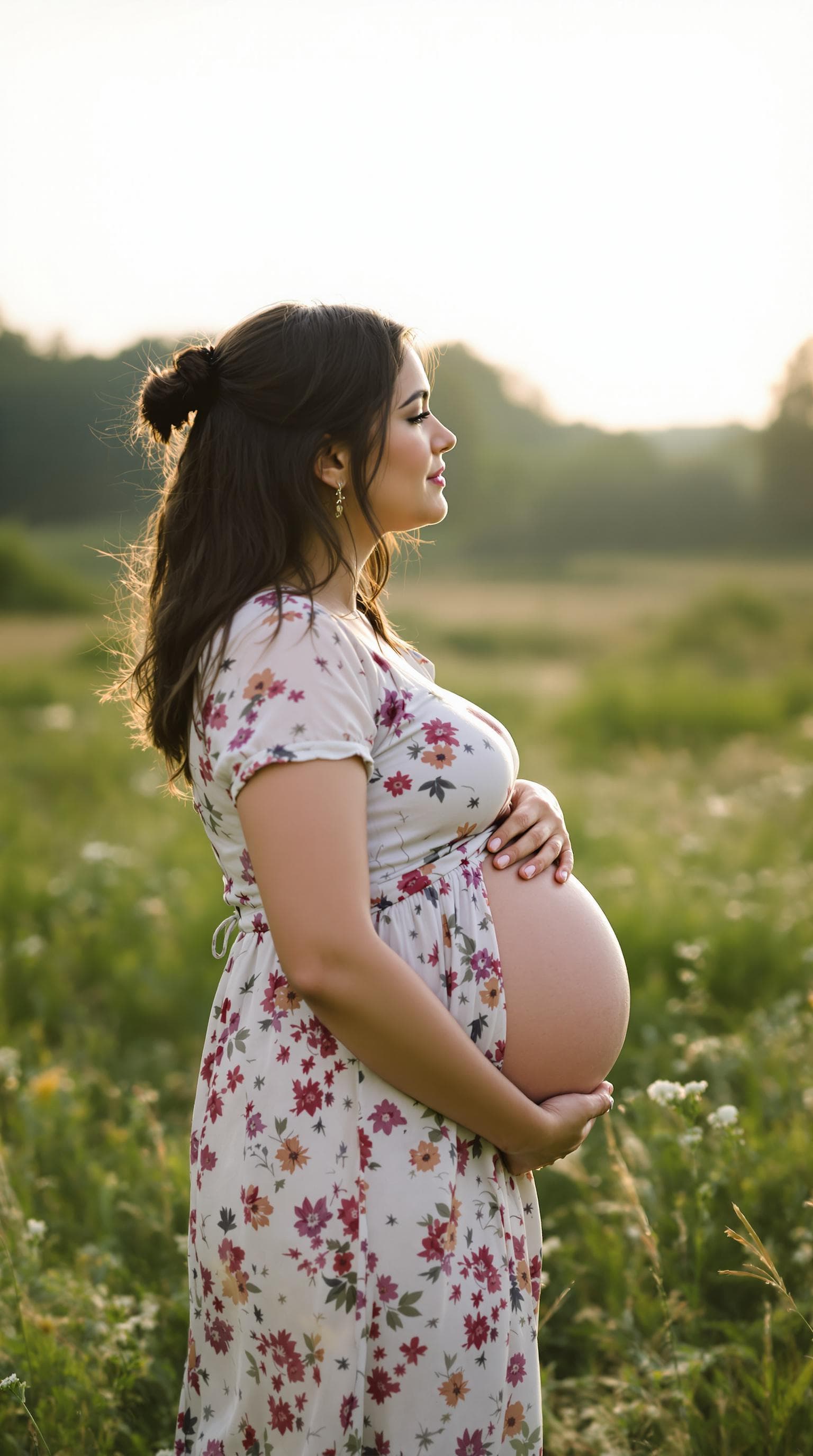 AI generated: A middle aged pregnant women standing in the distance holding her belly and looking off into the dis...
