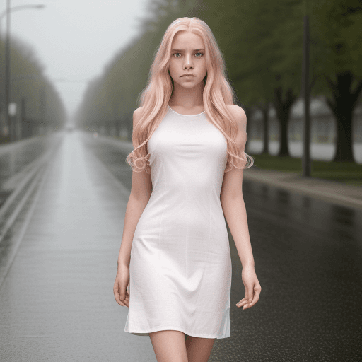 AI generated: (16k, best quality, master:1.2) HDR, a 19 yo white woman in a rainy evening. White cotton knee-long ...