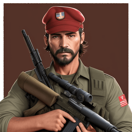 AI generated: Hombre de 34 años , calvo, fusil groza fondo caótico estilo guerra mundial,ropas cuernos rojos,masco...