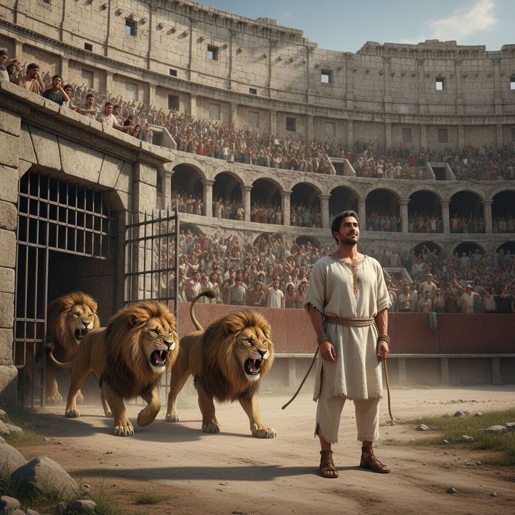 AI generated: In an ancient empire, a man was falsely accused and sentenced to be thrown before lions. Everyone be...