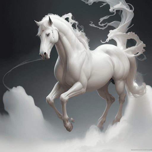 AI generated: Ghostly white horse digital art. He has white fur and bright eyes. White background, with white smok...