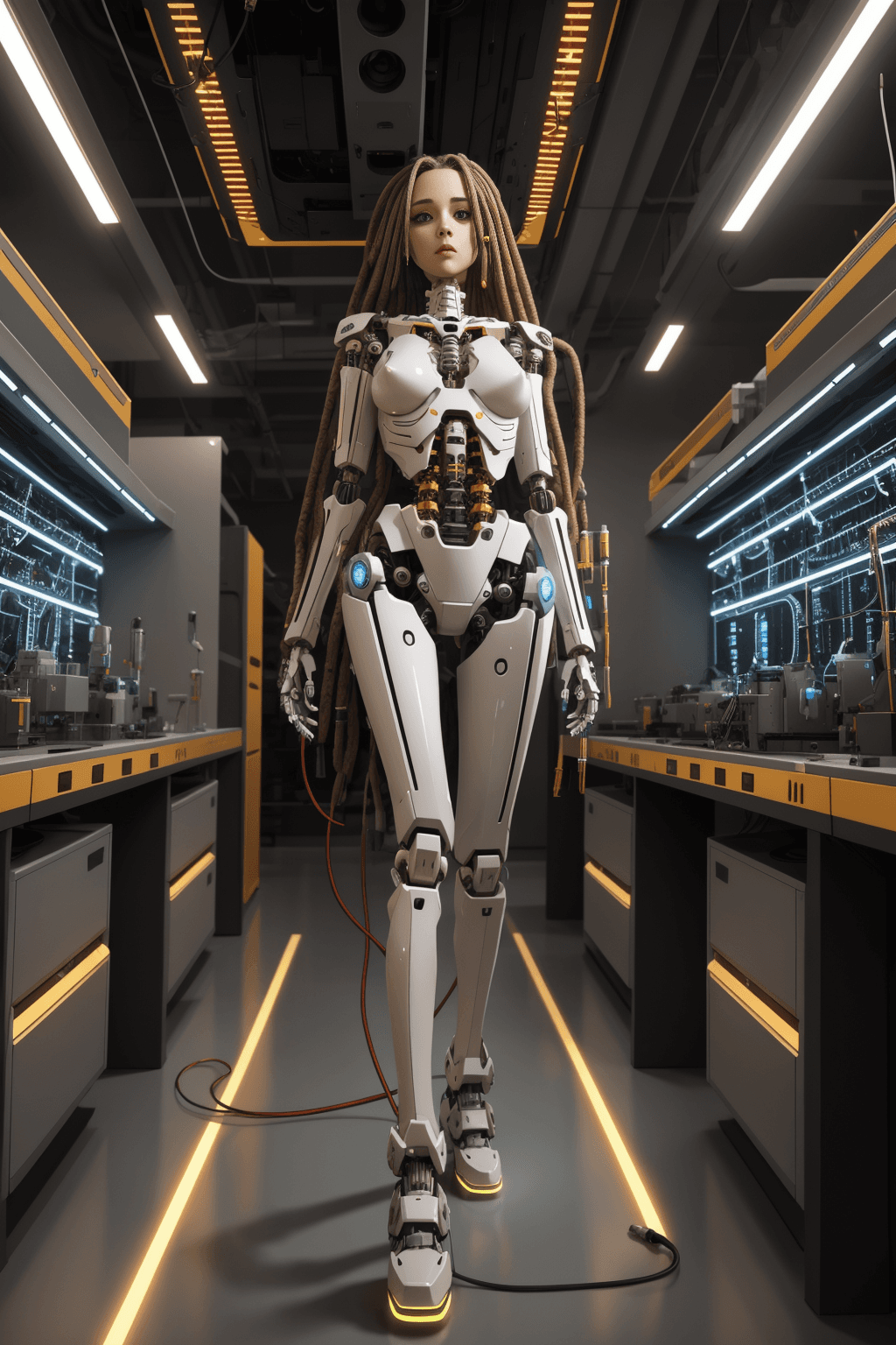 AI generated: nsfw, female with detailed robotic skeleton body, (perfect human face), long dreadlock hair, cinemat...