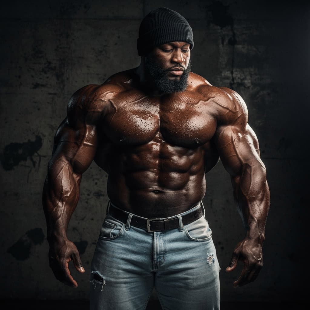AI generated: Studio portrait photographique ultra-réaliste, homme noir bodybuilder extrêmement musclé et massif, ...