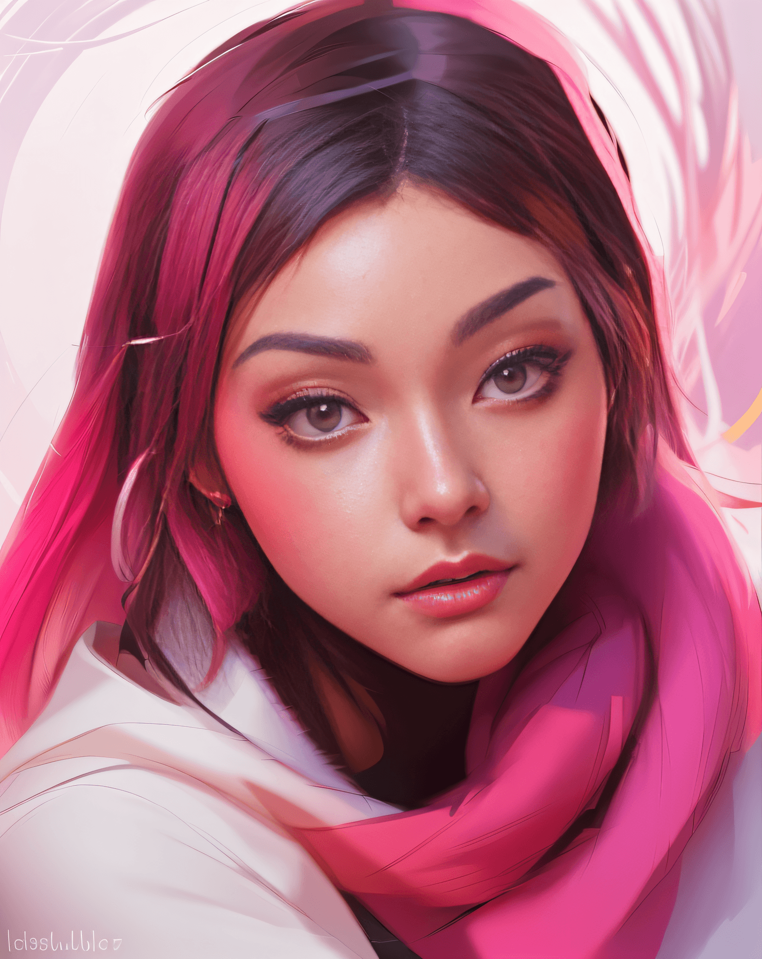 AI generated: a drawing of a woman with a pink scarf on, beautiful character painting, 🤤 girl portrait, digital c...