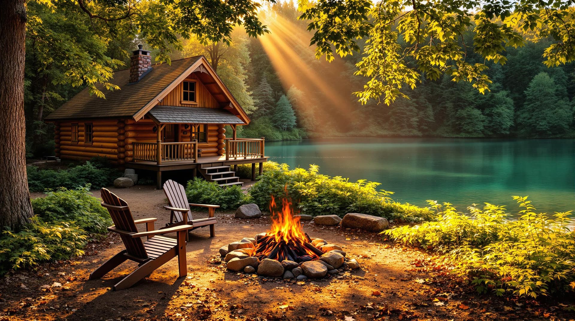 AI generated: A rustic wooden cabin sits nestled in a forest beside a calm lake at sunrise.  The cabin, with its l...