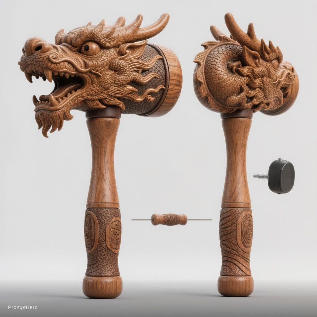 AI generated: Chinese dragon head massage hammer, carved dragon head design, wooden handle stick, traditional Chin...