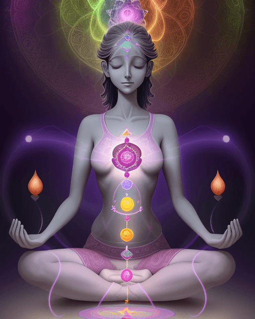 AI generated: A Women Up form flore in Yoga Stype, the chakras should be aligned vertically, starting from the roo...