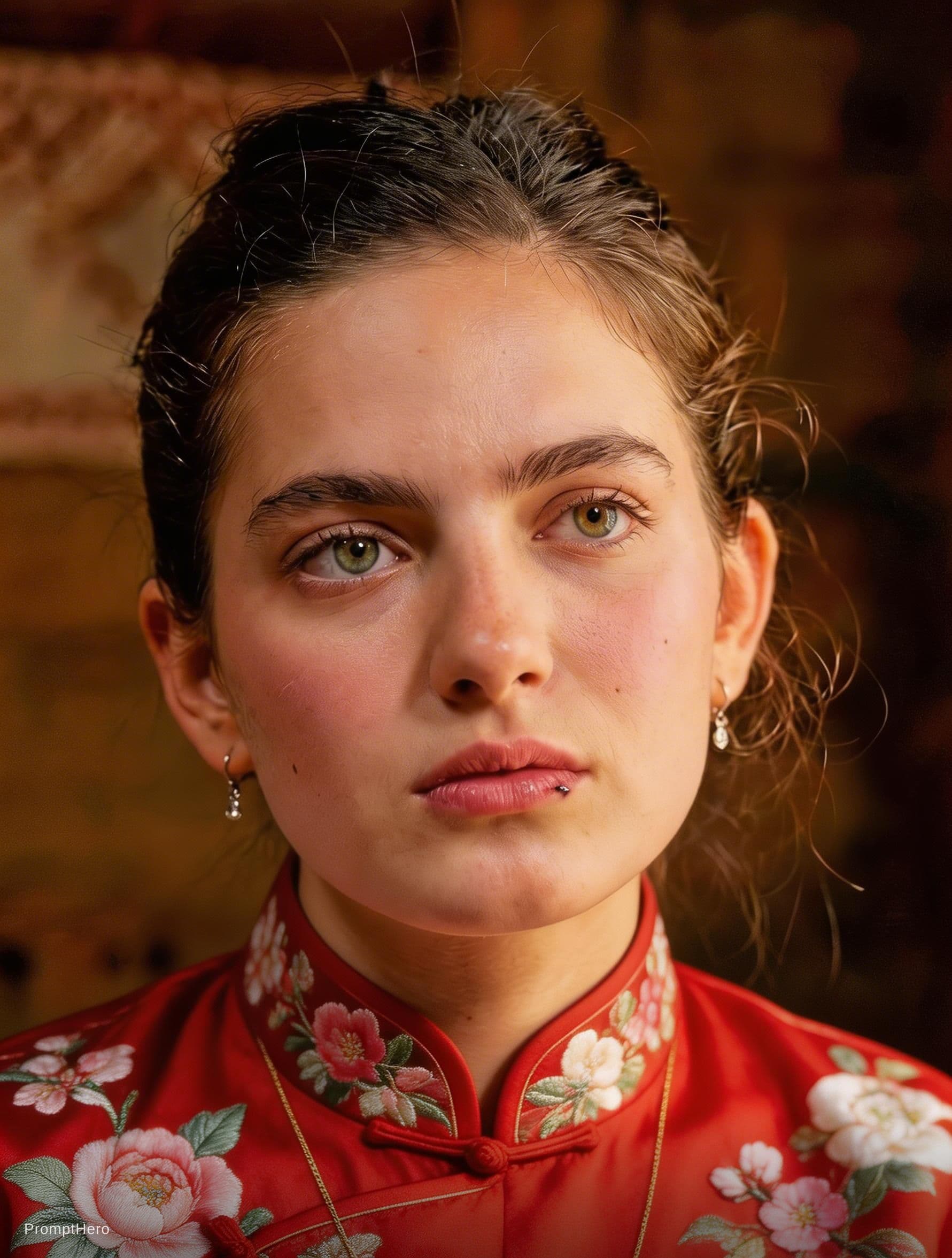 AI generated: chinese red blouse, in the style of dreamy and romantic compositions, floral explosions --ar 24:37 -...