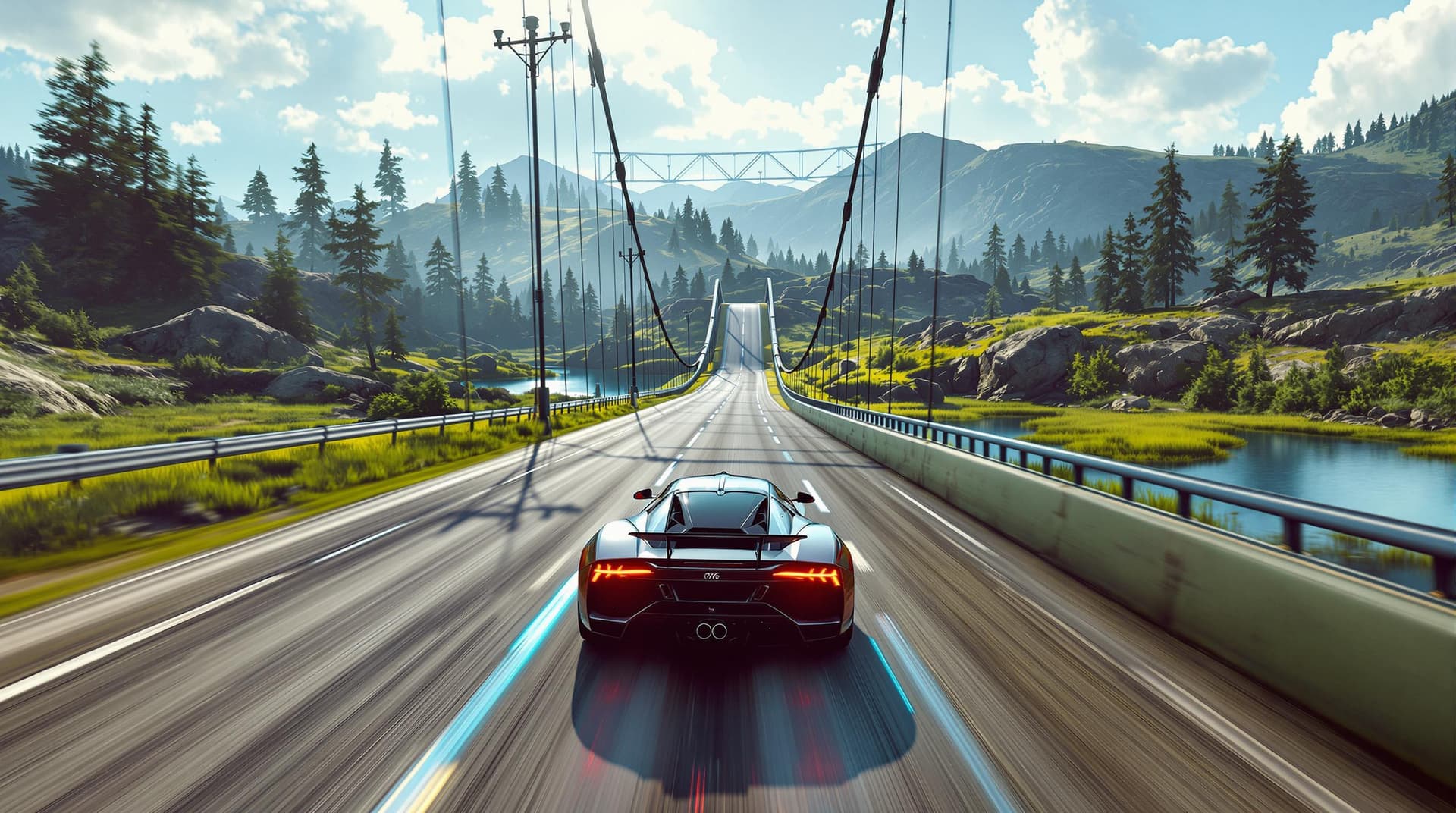 AI generated: Summer.  The race track goes through flat terrain and rises up to the Convex Bridge over a small riv...