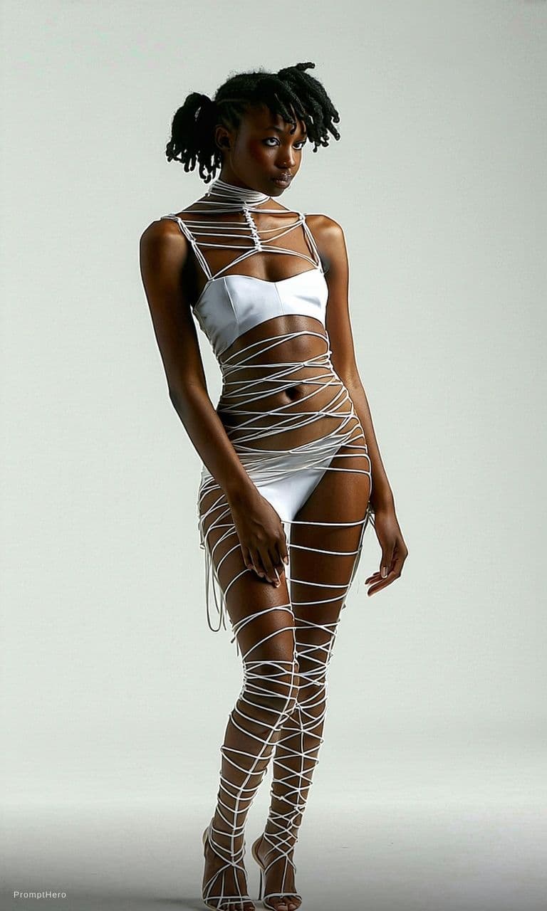 AI generated: she wears a dress made entirely from thin shoelaces with nothing underneath

