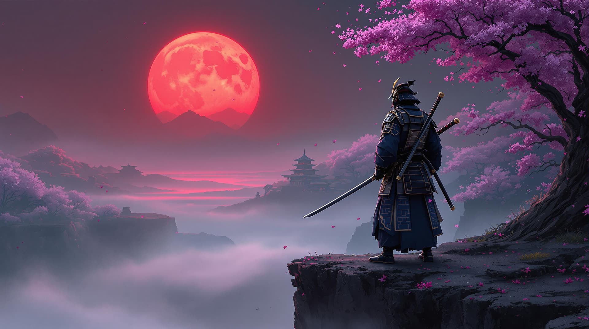 AI generated: a portrait of an ancient Japanese samurai warrior holding his sword on his shoulder standing on a cl...