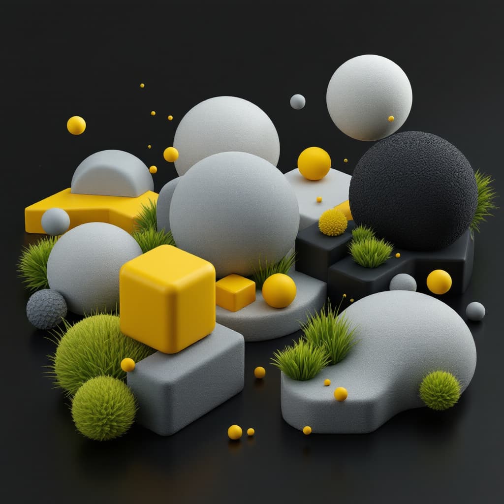 AI generated: 3D geometric shapes, grassy greens and bright yellows, extreme greys, various smooth textures, trans...