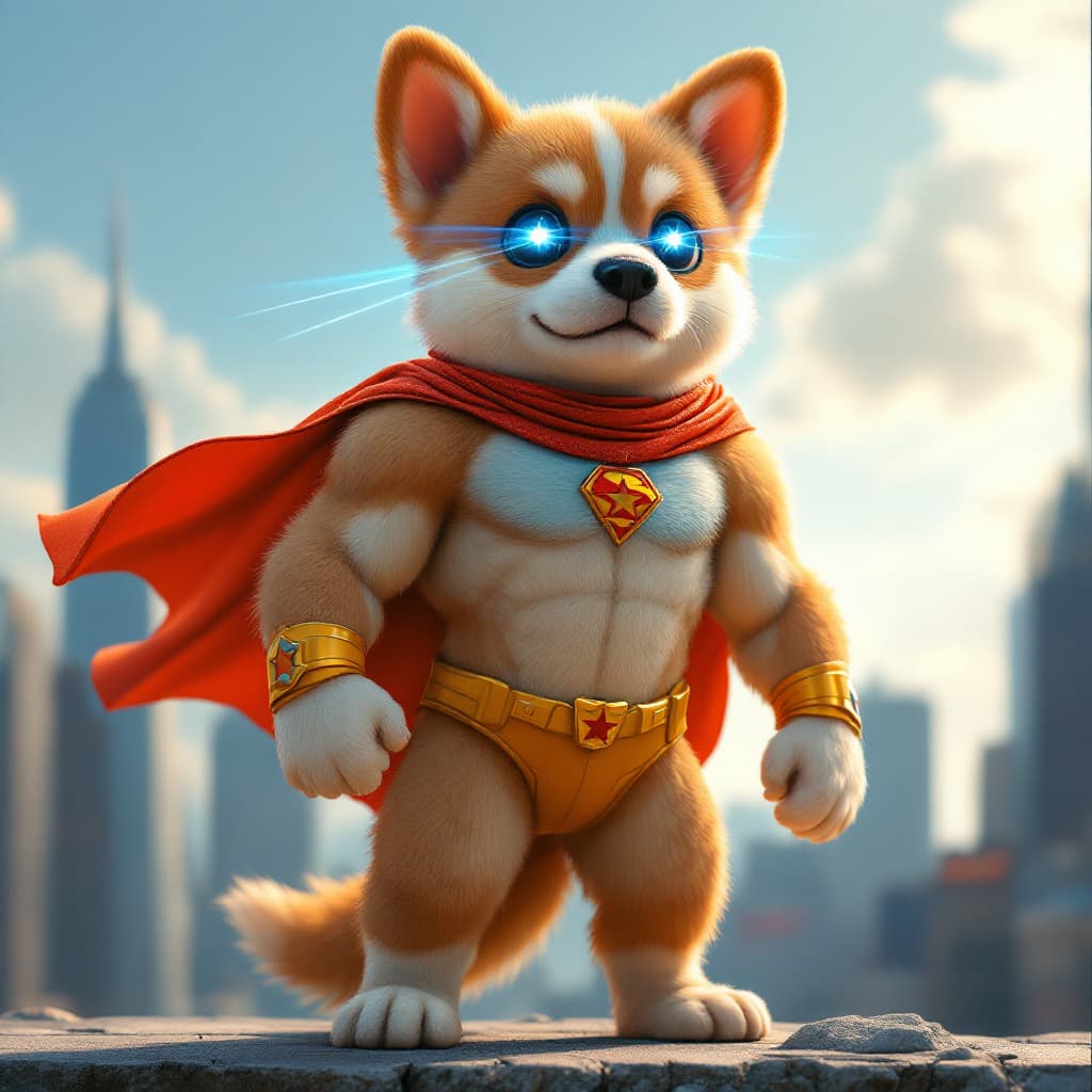 AI generated: A muscular puppy with a human body, dressed in a superhero suit. The suit is colorful and sleek, fit...