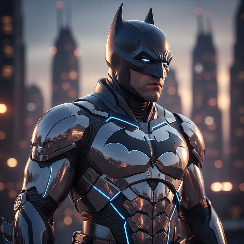 AI generated: Ultra-realistic cinematic portrait of a futuristic Batman wearing a reflective, high-tech armored su...