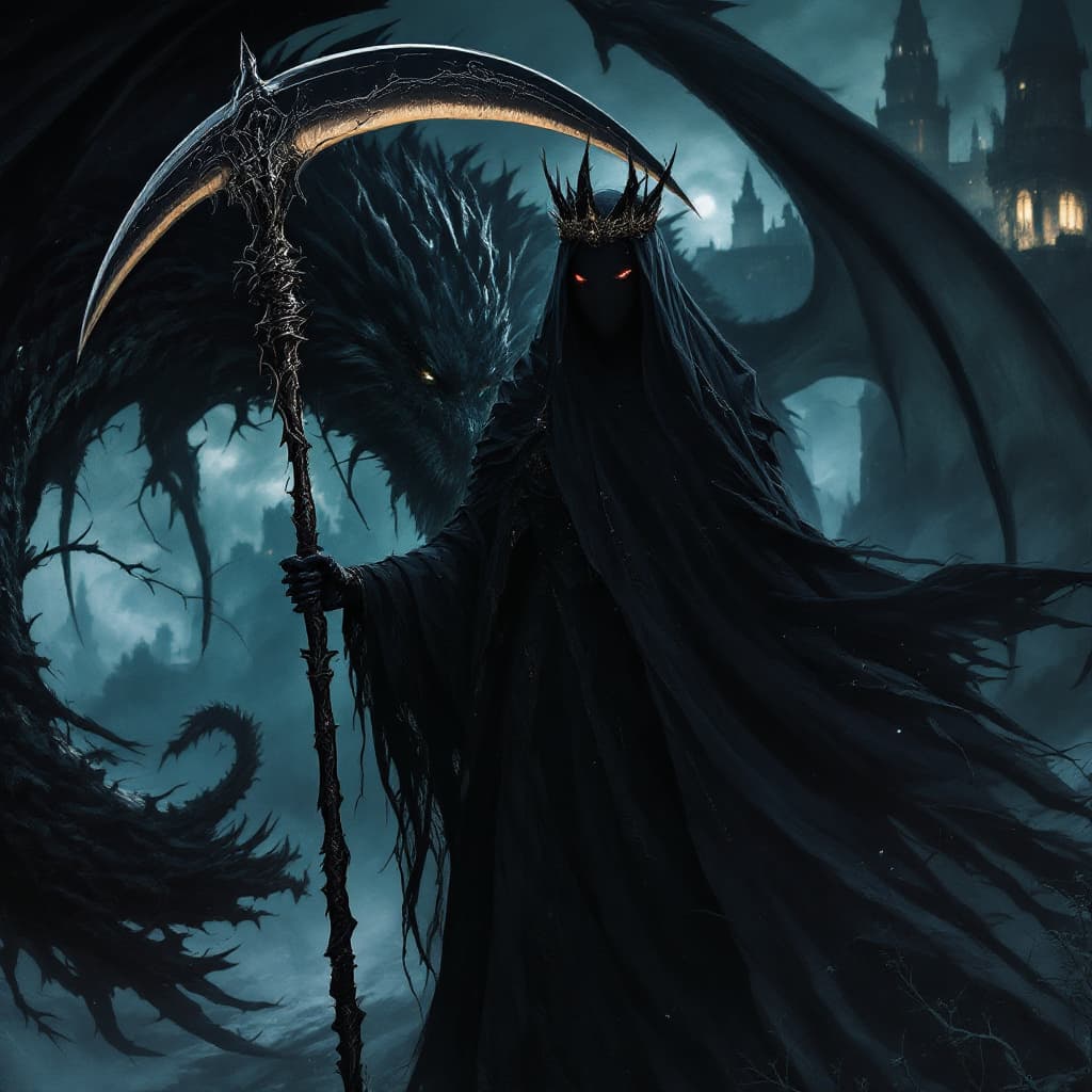 AI generated: A demonic woman staying infront of a black dragon. She is Holding a big scythe in her hand. She is w...