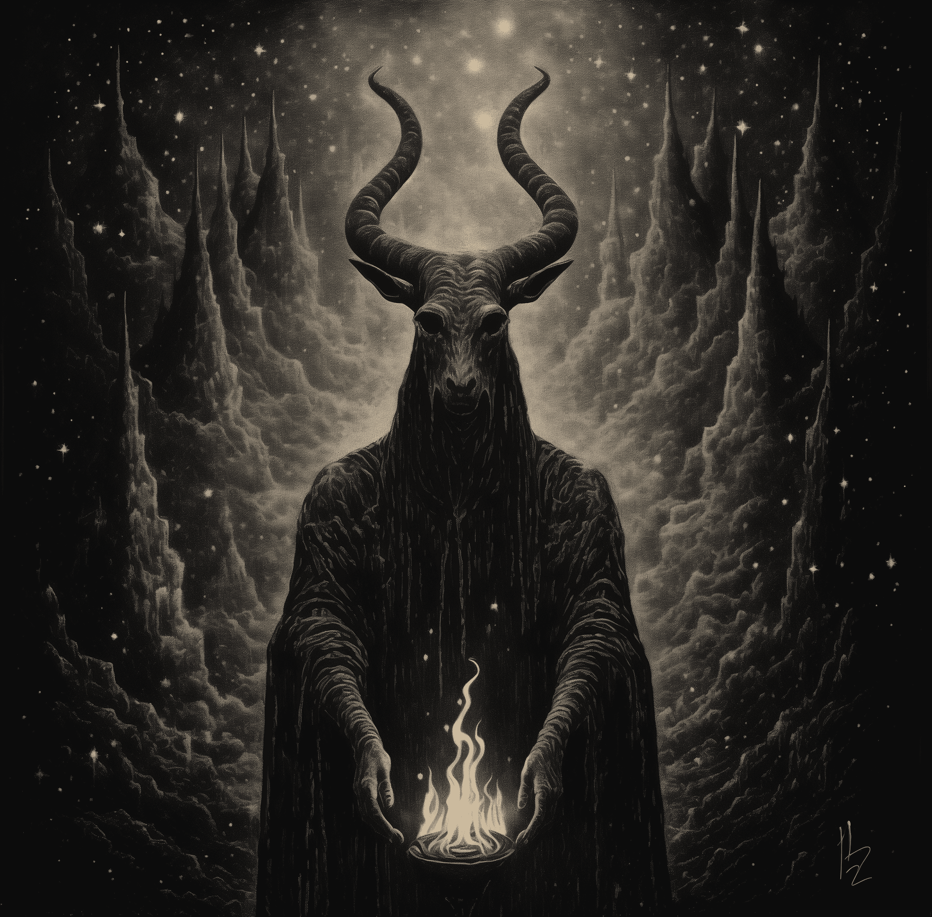 AI generated: black and white pointillism illustration of the baphomet goat priest at a black magic ritual in a sa...