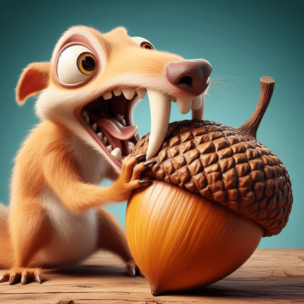 AI generated: Scrat, the lovable saber-toothed squirrel from Ice Age, caught in a comical struggle with an enormou...