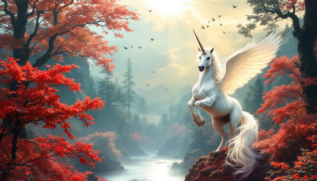AI generated: a majestic white unicorn with a horse-like body and a single spiraling horn on its forehead, set aga...
