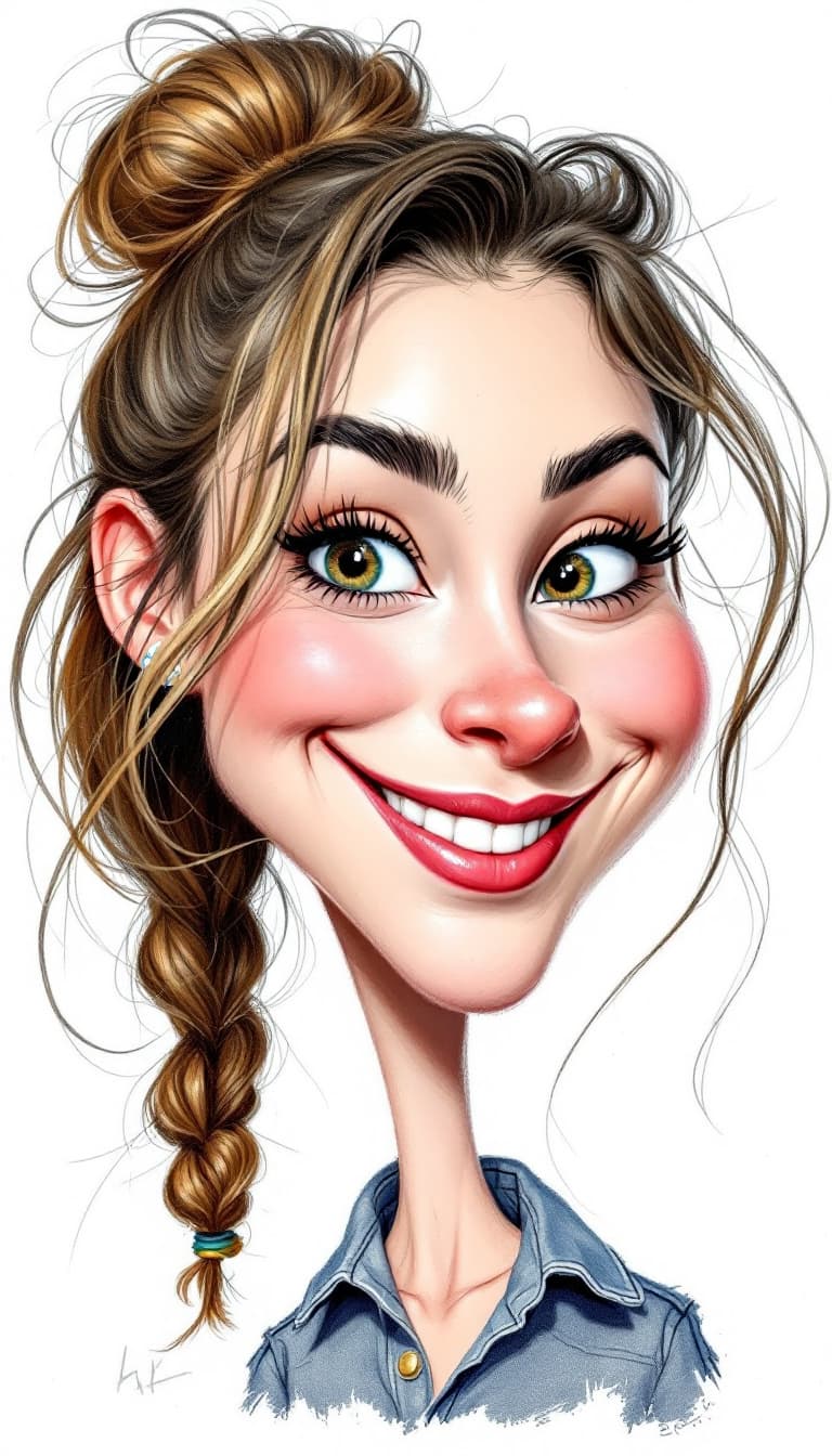 AI generated: Caricatures pencil drawing, cute woman, mid-20's, color pencils, in the style of Pixar, hilariously ...
