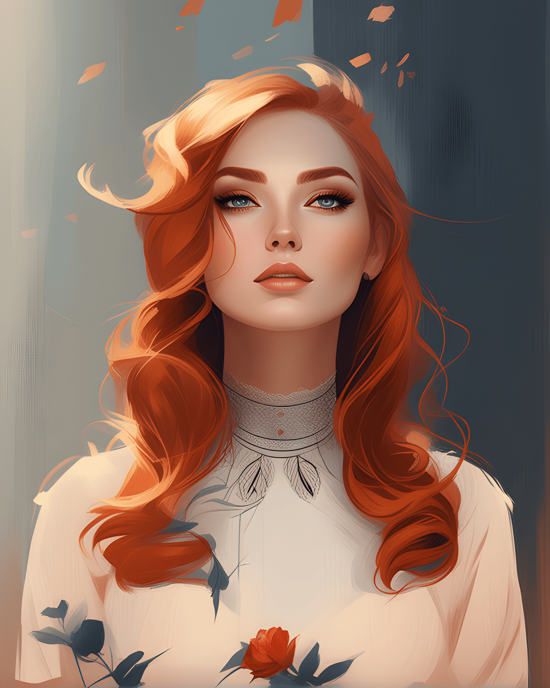 AI generated: a painting of a woman with long red hair, realistic cute girl painting, shallan davar, portrait of a...