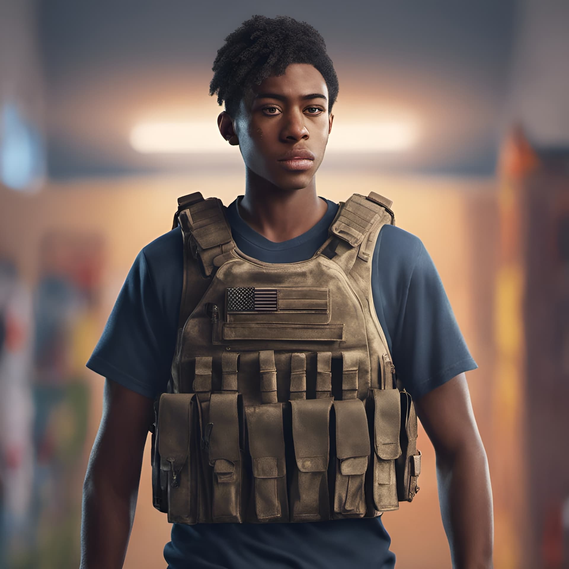 AI generated: A teenager wearing a tactical bulletproof vest at school, realistic, cinematic, 8k, highly detailed