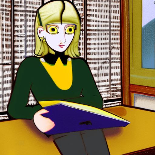AI generated: an elegant woman student with a sleek blonde cut and piercing green eyes, wearing a gray sweater wit...
