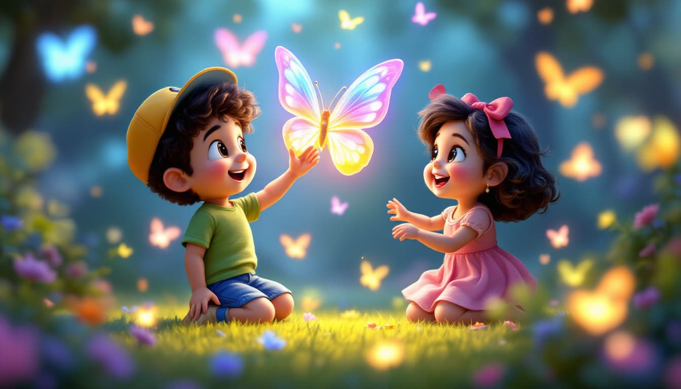 AI generated: "Create a 3D scene where a magical, multicolored butterfly is flying around Rohan and Meera. The but...