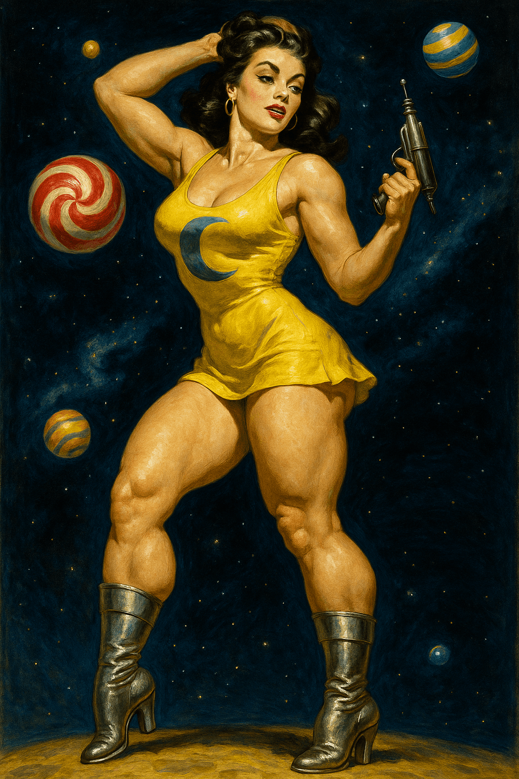 AI generated: Full-body painting of a pin-up woman in a short yellow lunar-themed dress, inspired by Joyce Ballant...
