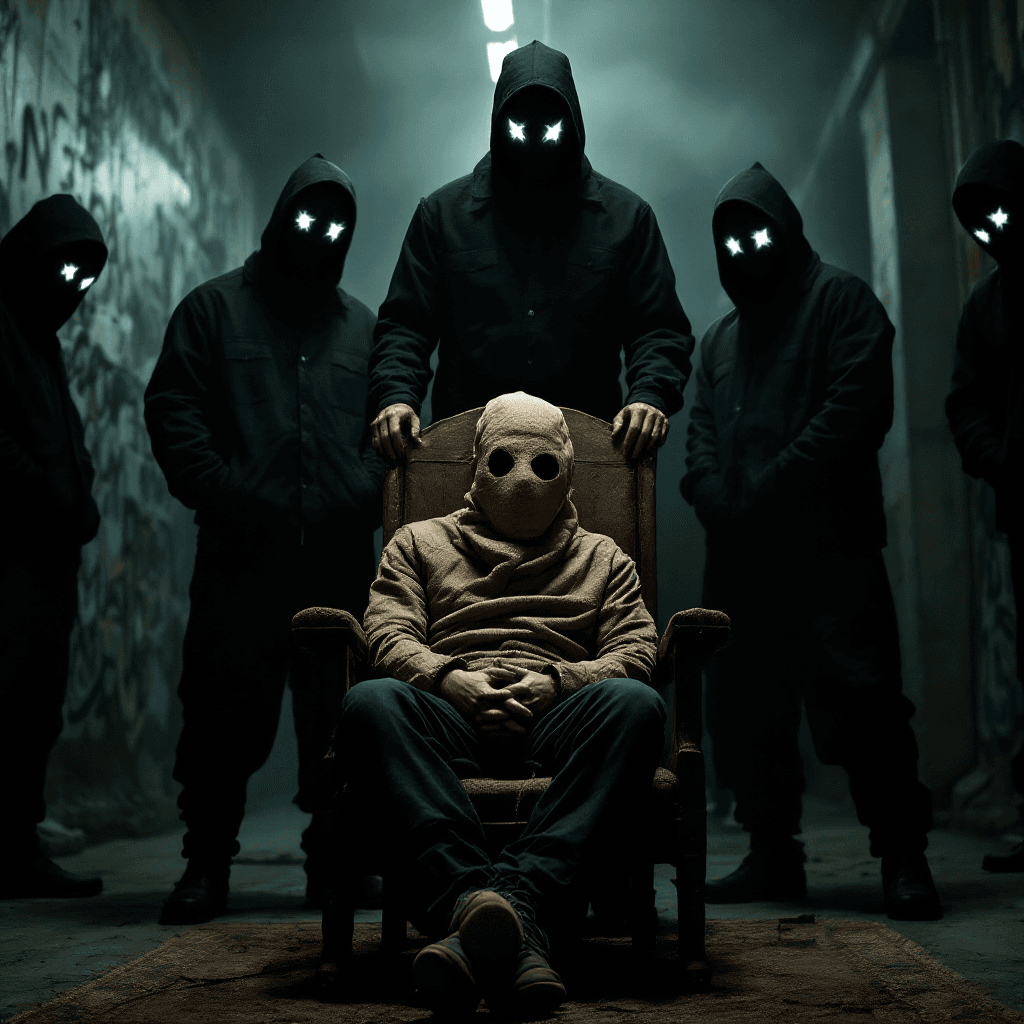 AI generated: A dramatic scene featuring a person bound in a vintage wooden chair , wearing a burlap mask the eyes...