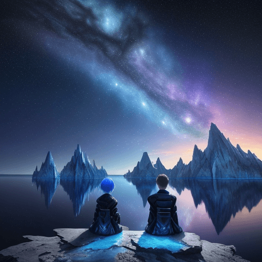 AI generated: Boy and girl looking at the horizon sitting on the epic tree in the background. Beautiful prismatic-...