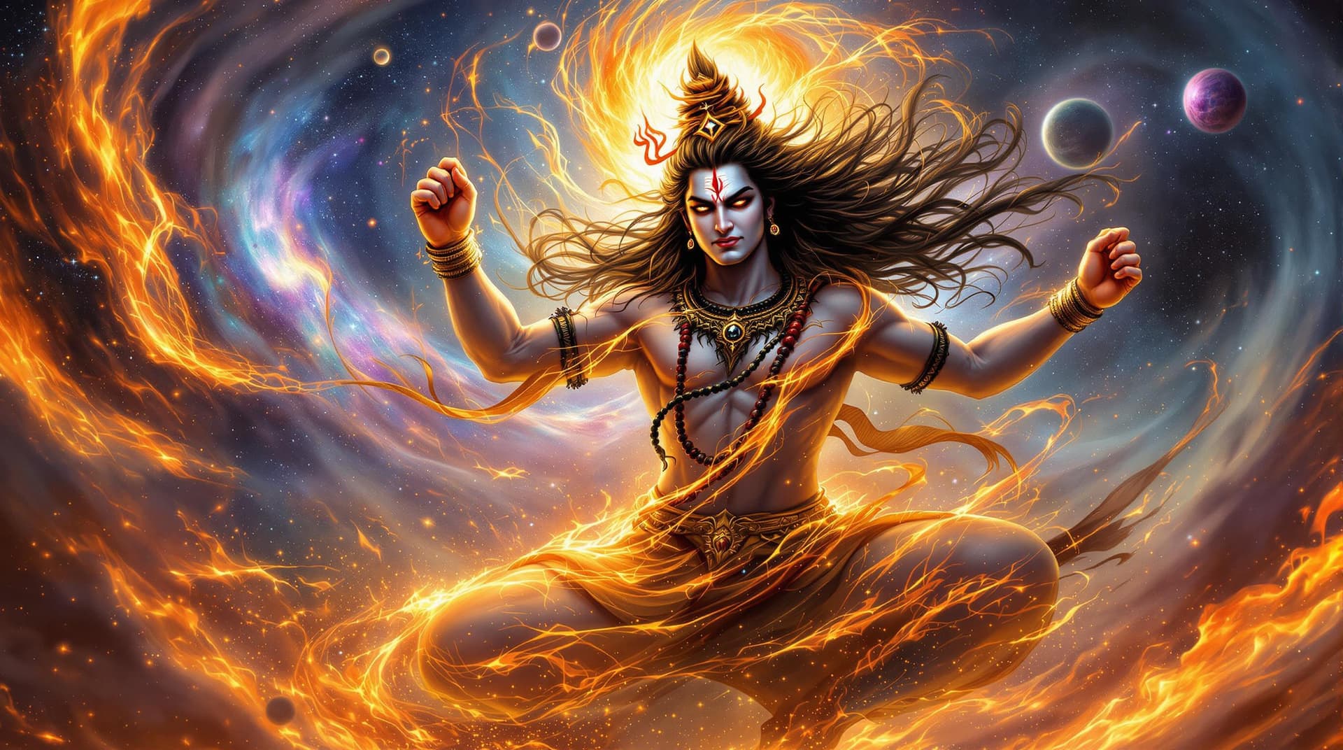 AI generated: "A powerful and dynamic image of Lord Shiva performing Tandava dance. His expression is fierce yet d...
