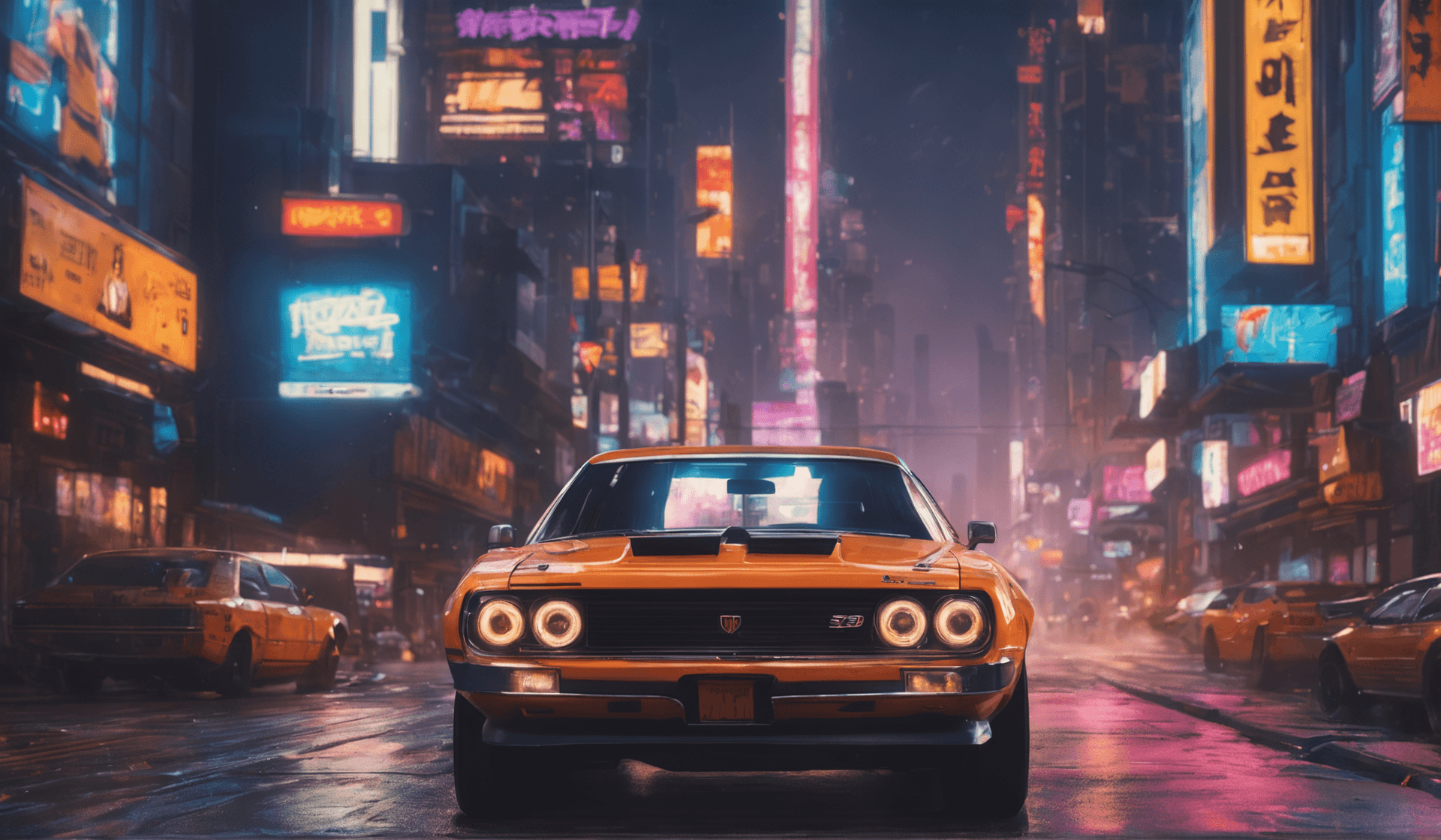 AI generated: A car from the Movie 'Fast and the Furious' racing down the street of a Cyberpunk City at night, mot...