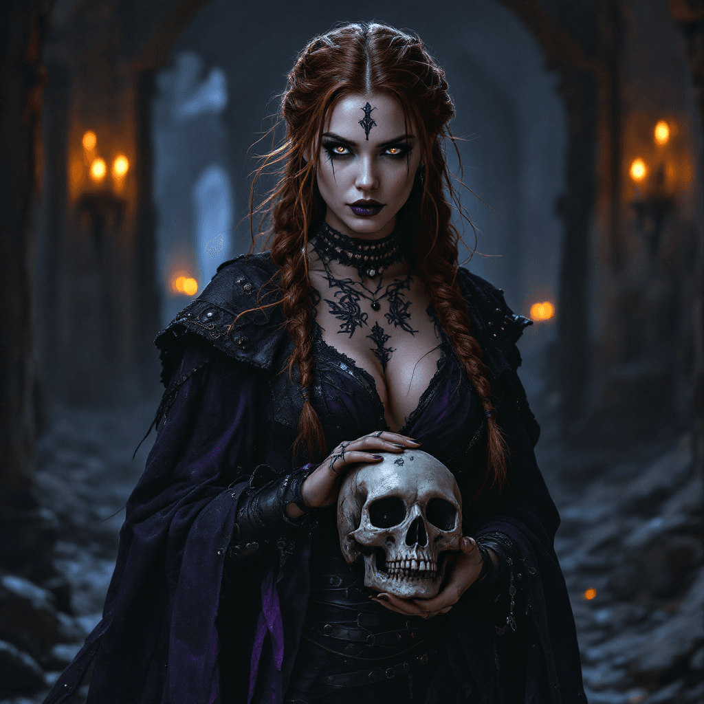 AI generated: The Shadowmancer: A mysterious woman with long, dark auburn hair, often pulled back in severe braids...