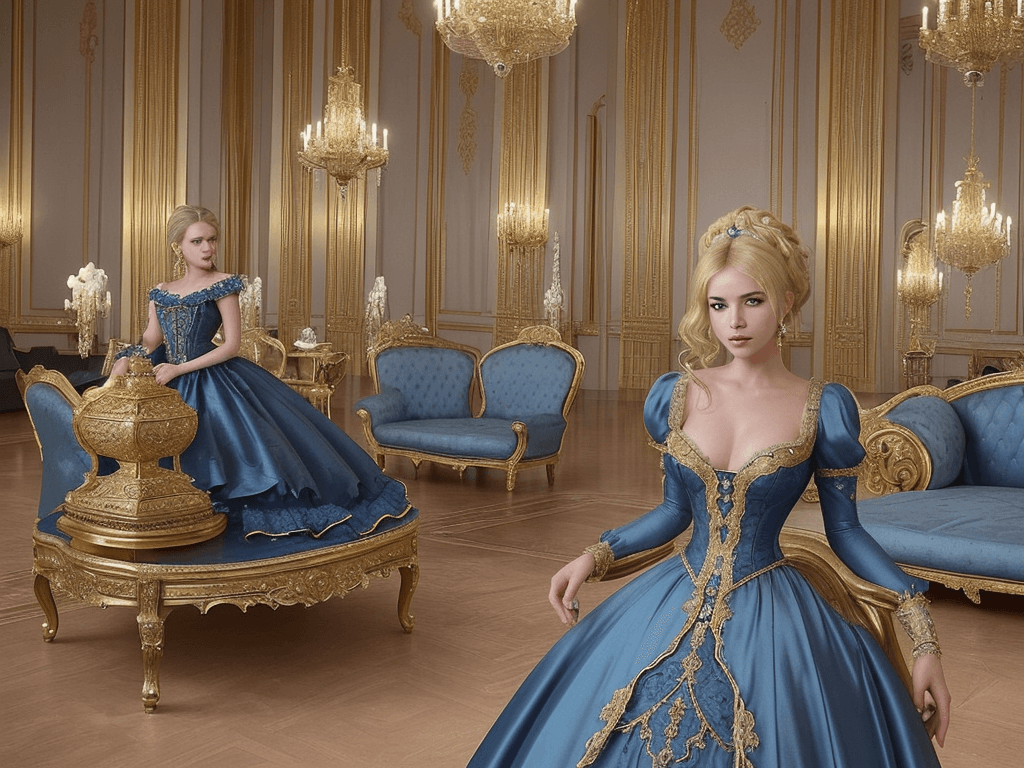 AI generated: a woman in a stunning, lavish blue and gold Victorian-style ballgown, posing in a grand, ornate room...