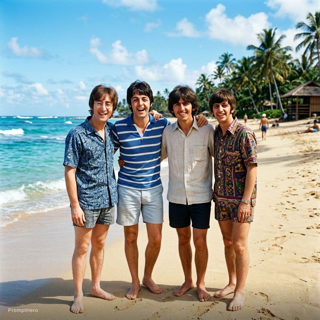 AI generated: with the beatles at a tropical beach, sunny day, both smiling