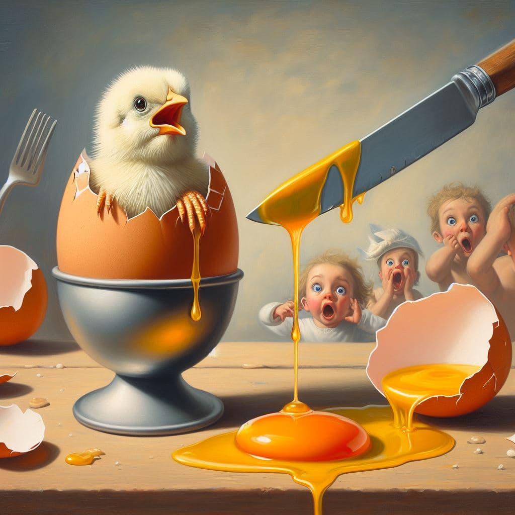 AI generated: A chicken chick climbs out of an opened softboiled egg in an eggcup, knife dripping with yolk, messy...